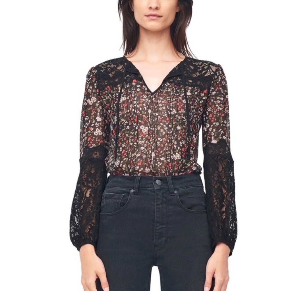 Rebecca Taylor Lyra Lace Silk Blouse Black Floral Size 2